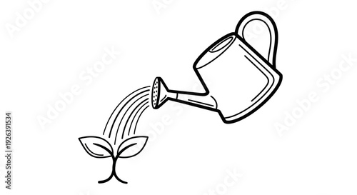 A simple black and white line drawing of a watering can pouring water onto a small seedling.