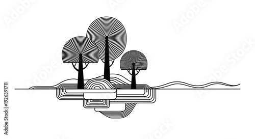 Stylized illustration of a small island with three trees and abstract wavy water elements.