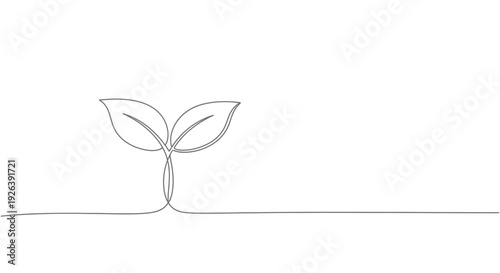 A minimalist line drawing of a young plant sprout with two leaves emerging from a single stem.