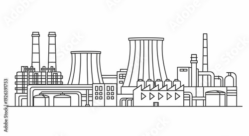 A detailed line drawing illustration of a large industrial power plant with multiple cooling towers and smokestacks.