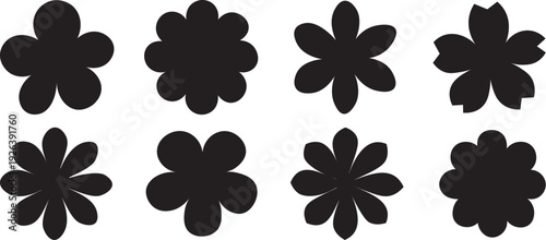 Simple black flower silhouettes collection vector, flat floral shape icon set