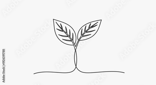 A minimalist single-line drawing of a young plant sprouting from the ground with two leaves.