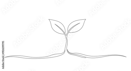 A simple line drawing of a young plant seedling with two leaves emerging from the soil.