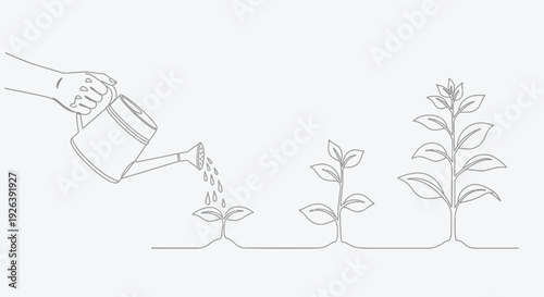 A continuous line drawing illustrates the growth of a plant from a seedling to a mature plant being watered by a hand holding a watering can.