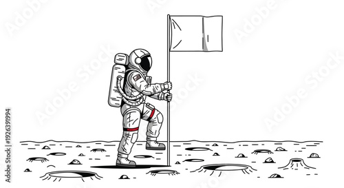 An astronaut plants a flag on the moon, showcasing a significant moment in space exploration.