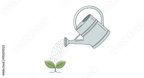 A watering can gently showers a small green seedling with water, symbolizing growth and nurturing.