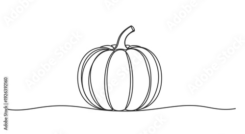 A simple, elegant line drawing of a pumpkin with a stem, resting on a wavy line representing the ground.