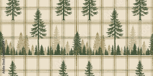 A serene wallpaper pattern featuring repeating forest scenes with tall pine trees and grid lines. Vector