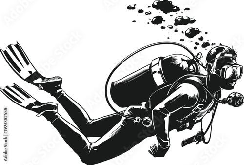 Scuba diver vector illustration with underwater bubbles and diving gear—ideal for marine artwork, aquatic branding, adventure travel, and ocean exploration design projects.