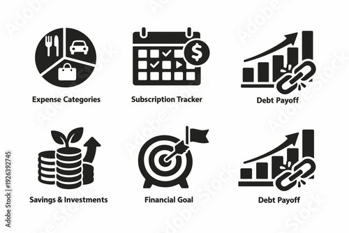 Budget icons: expense, subscription, debt, savings, financial goal