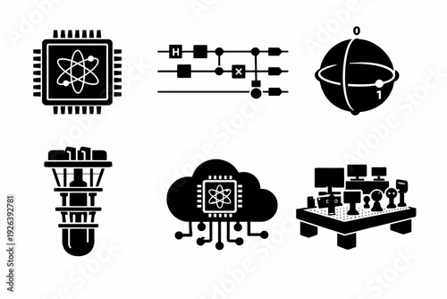 Quantum computing icons set: chip, qubit, circuit, cloud technology symbols