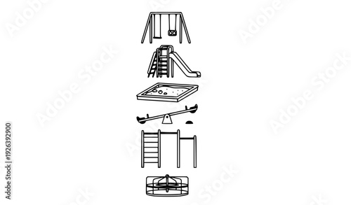 vector illustration of a building Modern Minimal Playground Equipment Icon Set Featuring Swings Slide Sandbox Seesaw Monkey Bars and Merry Go Round Vector