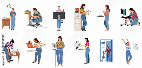 Modern Woman's Workday: Illustrations of daily tasks, tech setup, problem-solving, testing, and breaks in a contemporary office or remote work setting.