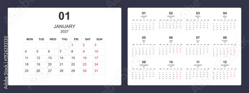 2027 calendar template with clean minimal design and week starting Monday. Perfect for personal planning, office use, business scheduling, wall display, and productivity.