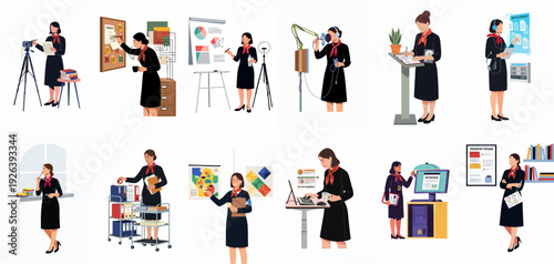 Professional woman in diverse roles: video, audio, data analysis, presentations, and knowledge management.