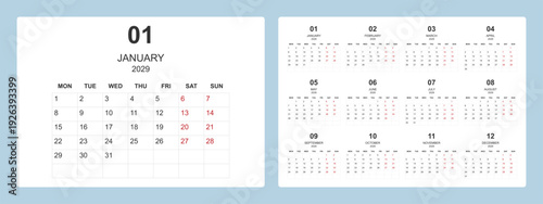 2029 calendar template with clean and modern minimal design, week starting Monday.