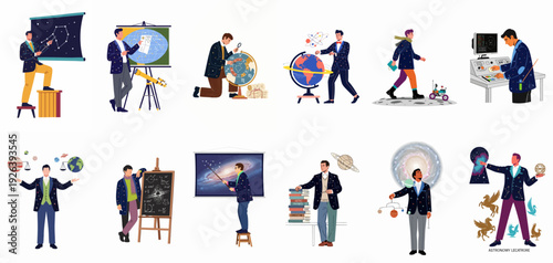 Men Exploring Astronomy and Science: Illustrations of Space Research, Celestial Studies, and Cosmic Education.