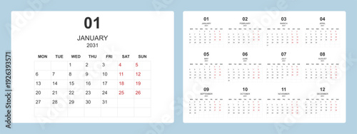2031 calendar template with clean and modern minimal design, week starting Monday.