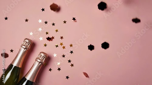 Festive Celebration with Champagne Bottles and Gold Star Confetti on Pink Background, 4K video