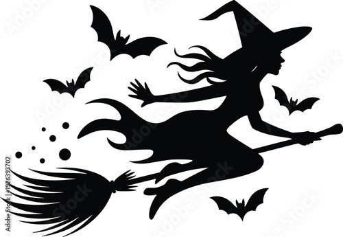 Witch silhouette vector illustration, spooky Halloween artwork with broomstick and bats, decorative graphics, magical festive motifsWitch 