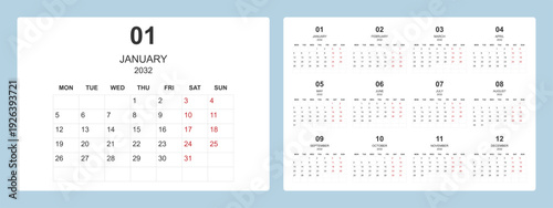2032 calendar template with clean and modern minimal design, week starting Monday.