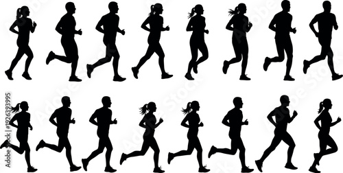 Vector silhouettes of men and women running in various athletic poses for fitness, sports, marathon training, and healthy active lifestyle.
