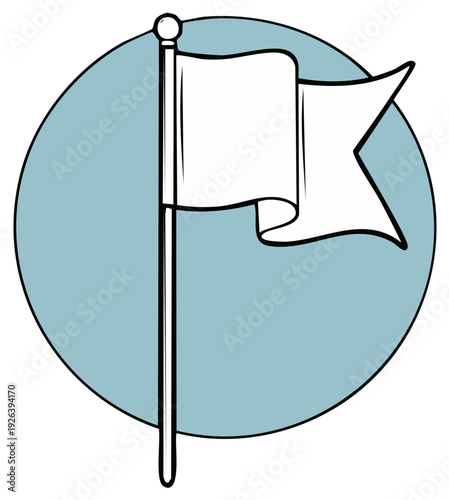 White flag on pole against soft blue circle background simple line drawing vector illustration