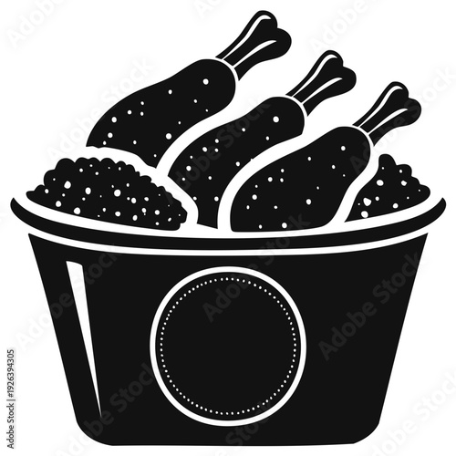 Black silhouette of a bucket filled with crispy fried chicken pieces and seasoned potato wedges