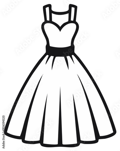 Classic black and white women's dress icon with sweetheart neckline and flared pleated skirt