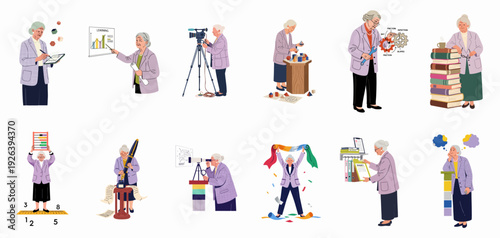 Senior women engaged in diverse intellectual pursuits, showcasing active learning, professional development, scientific exploration, and creative expression in various modern and traditional settings.