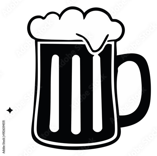 Black and white beer mug icon with foamy head, simple vector illustration
