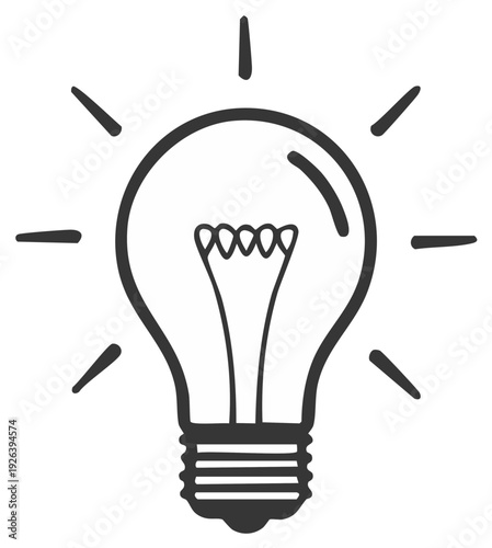 Glowing Lightbulb Drawing A symbol of innovation. Shining Filament in Simple Line Art.