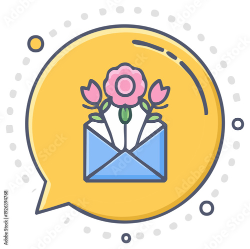 Speech bubble with an open envelope and pink flowers message greeting card invitation notification icon