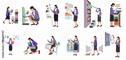 Modern Businesswoman Managing Data, Securing Information, and Utilizing Technology in Various Office and Library Environments for Efficient Operations.