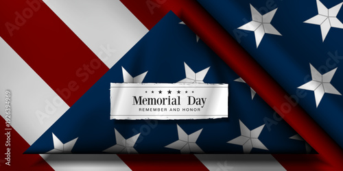 May 25, 2026 is Memorial Day. Paper and american flag. Great for posters, banners, social media and more. Black background.
