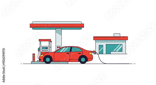 Red Car Refueling at Gas Station.