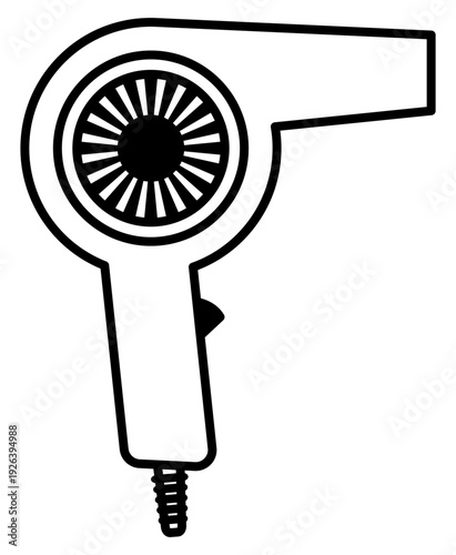 A minimalist black and white line art illustration of a classic blow dryer. This clean vector icon symbolizes beauty and hair care, ideal for salon branding, spa apps, or design projects.