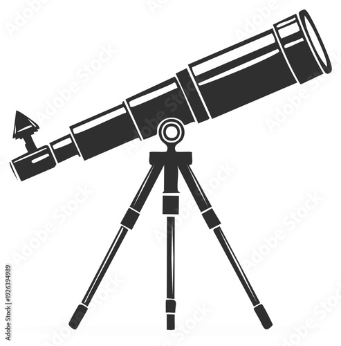 Black silhouette of a classic telescope on a sturdy tripod for astronomical observation and space exploration science