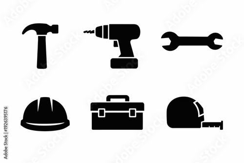 Silhouette icons of hammer drill wrench hard hat toolbox tape measure