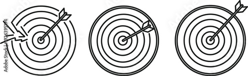 Three dartboards with arrows showing varying degrees of accuracy towards the bullseye.