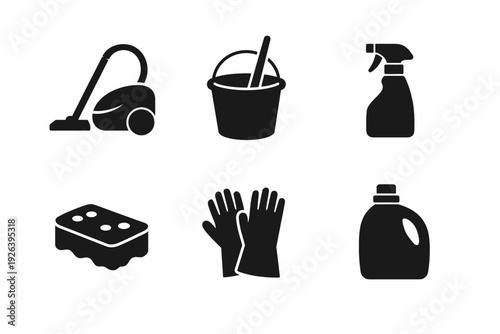 Cleaning tools set: vacuum, bucket, spray bottle, sponge, gloves, detergent icons