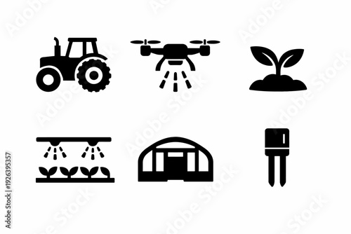 Modern farming icons: tractor, drone, seedling, hydroponics, greenhouse, moisture sensor
