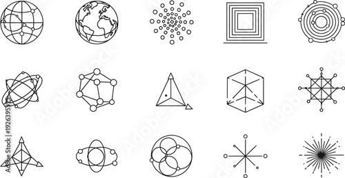 A collection of abstract geometric shapes and scientific diagrams are presented in a grid.
