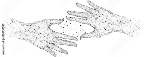 Two hands in a network formation connecting dots represents technology and science.