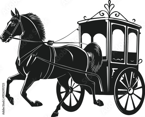 Horse‑drawn carriage silhouette vector illustration, vintage transport artwork with ornate details, decorative graphics, historical motifs