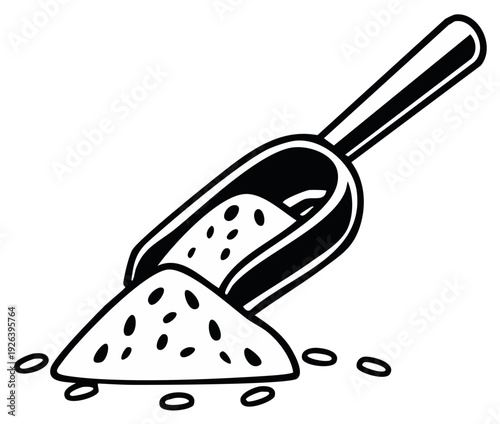 Scoop with granular material spilling out onto a surface illustration
