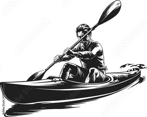 Kayak paddling vector illustration with dynamic water splashes and motion—ideal for sports artwork, adventure branding, outdoor lifestyle, and travel design projects.