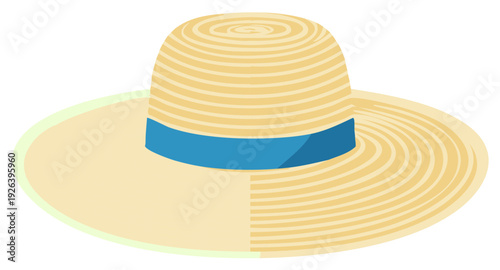 Stylish wide-brimmed straw sun hat with a blue ribbon vector illustration