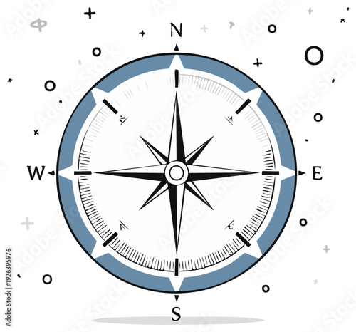 Vintage compass graphic with directional points north south east west and abstract shapes for navigation concepts