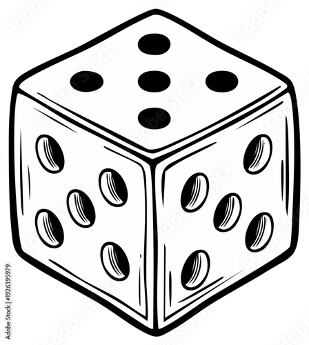 Dice Cube Vector Illustration: Monochrome Game of Chance Concept, Outline Drawing